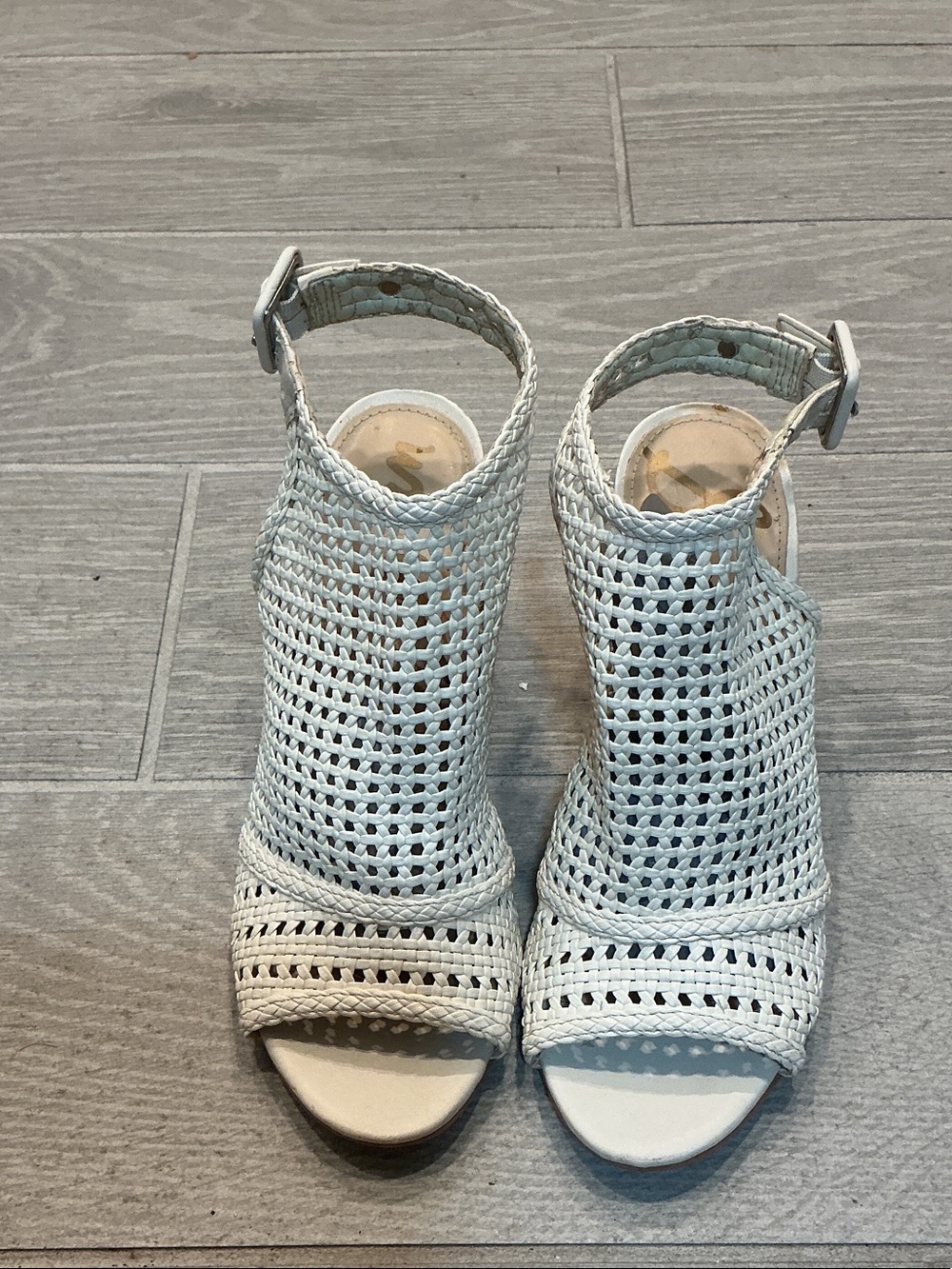 Sam Edelman Evie White Woven Peep-Toe Ankle Strap Block Heels Women’s Sz 7M